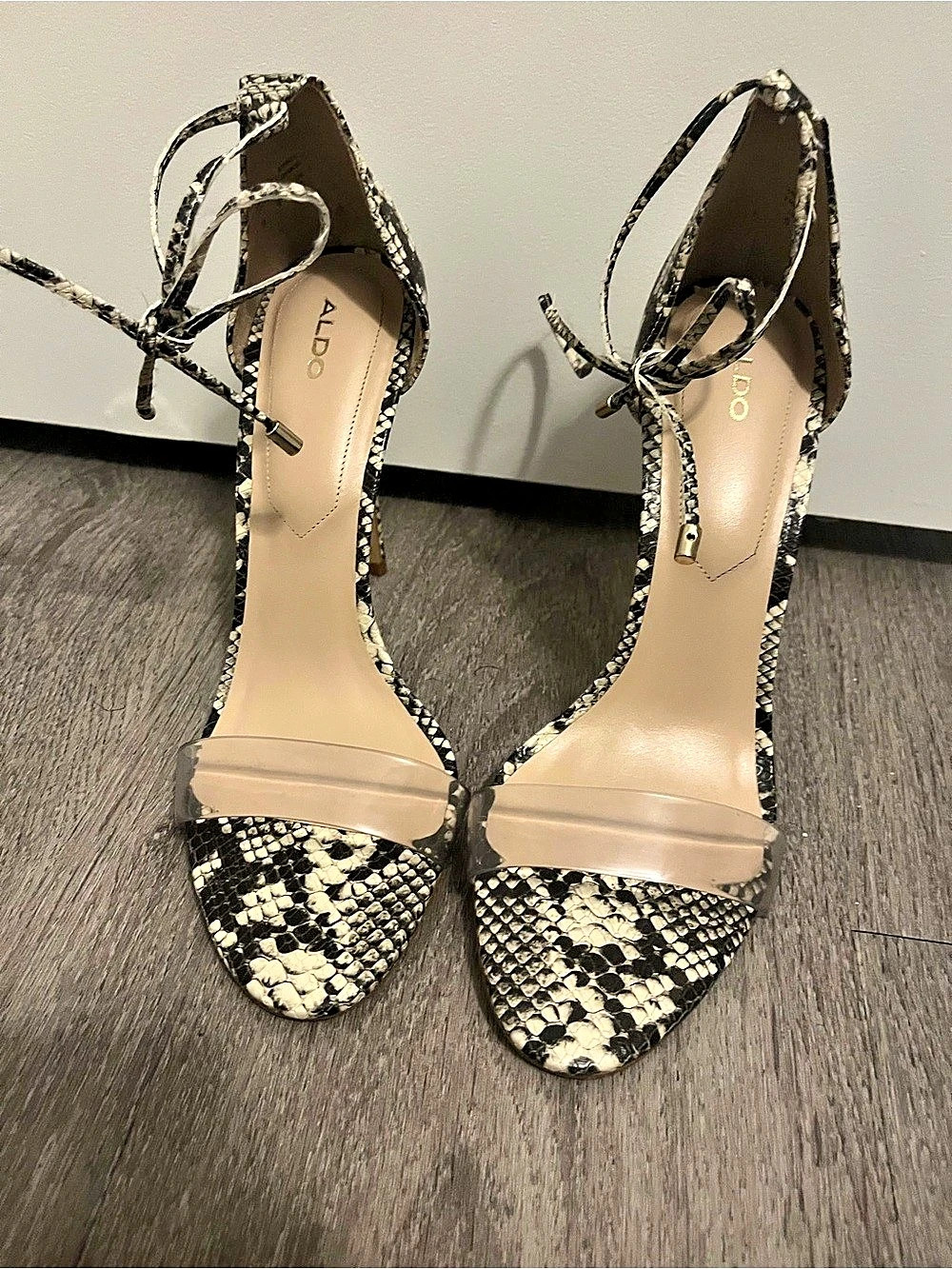 ALDO
Snake Print Ankle Strap Heels Black & Cream